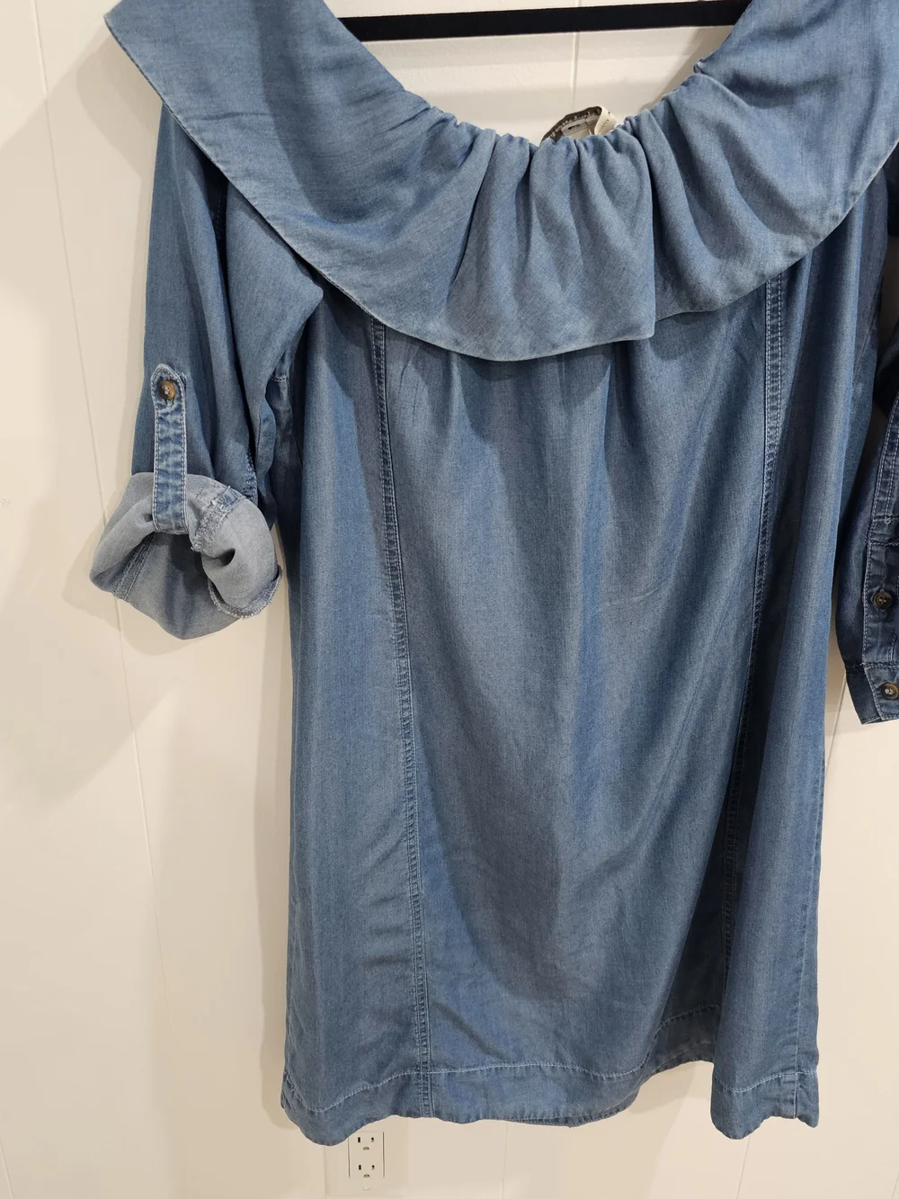 Anthropologie Chambray Ruffle Collar Shift Dress M Blue Lyocell Boho Minimalist - Picture 5 of 10